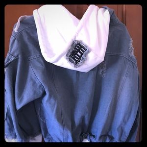 Unisex M Distressed Blue Denim with White Hoodie